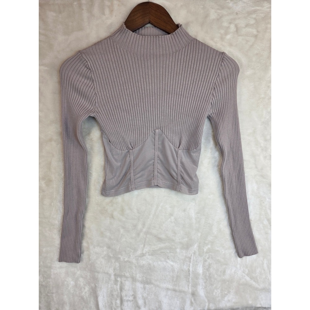 Hera Collection Mauve Ribbed Mock Neck Mesh‎ Corset Top Long Sleeve Small